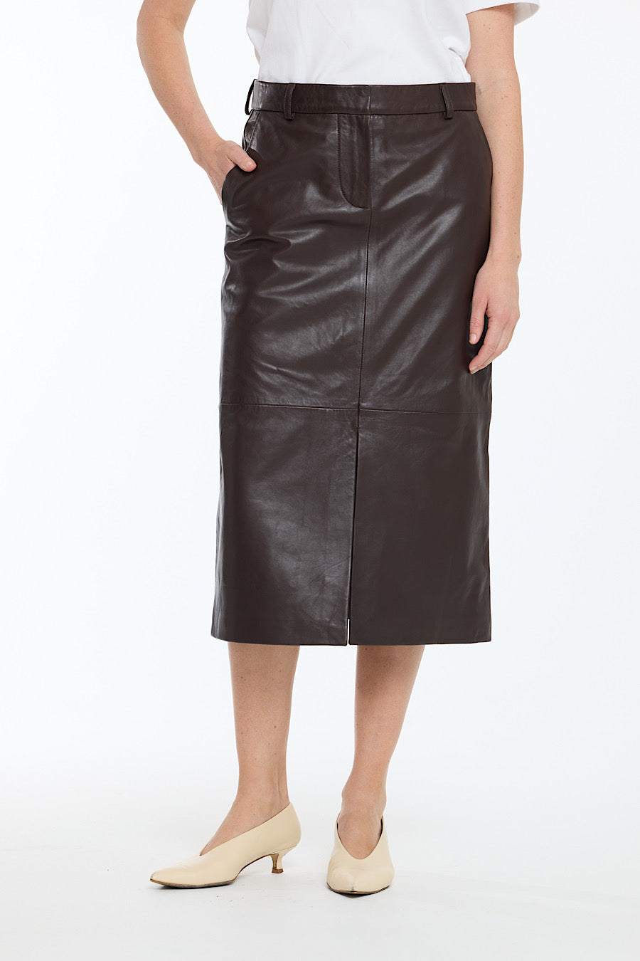 CHOCOLATE A LINE LEATHER SKIRT