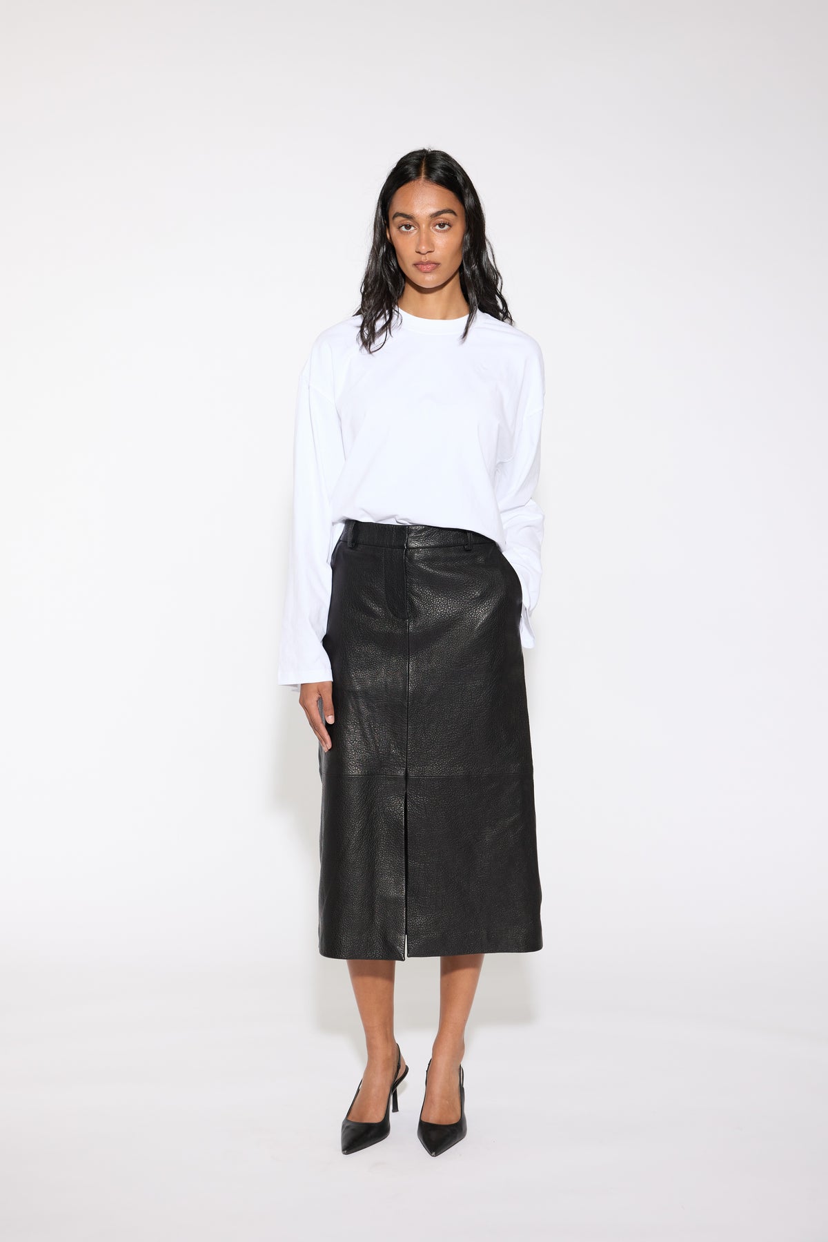 BLACK A LINE PEBBLE LEATHER SKIRT