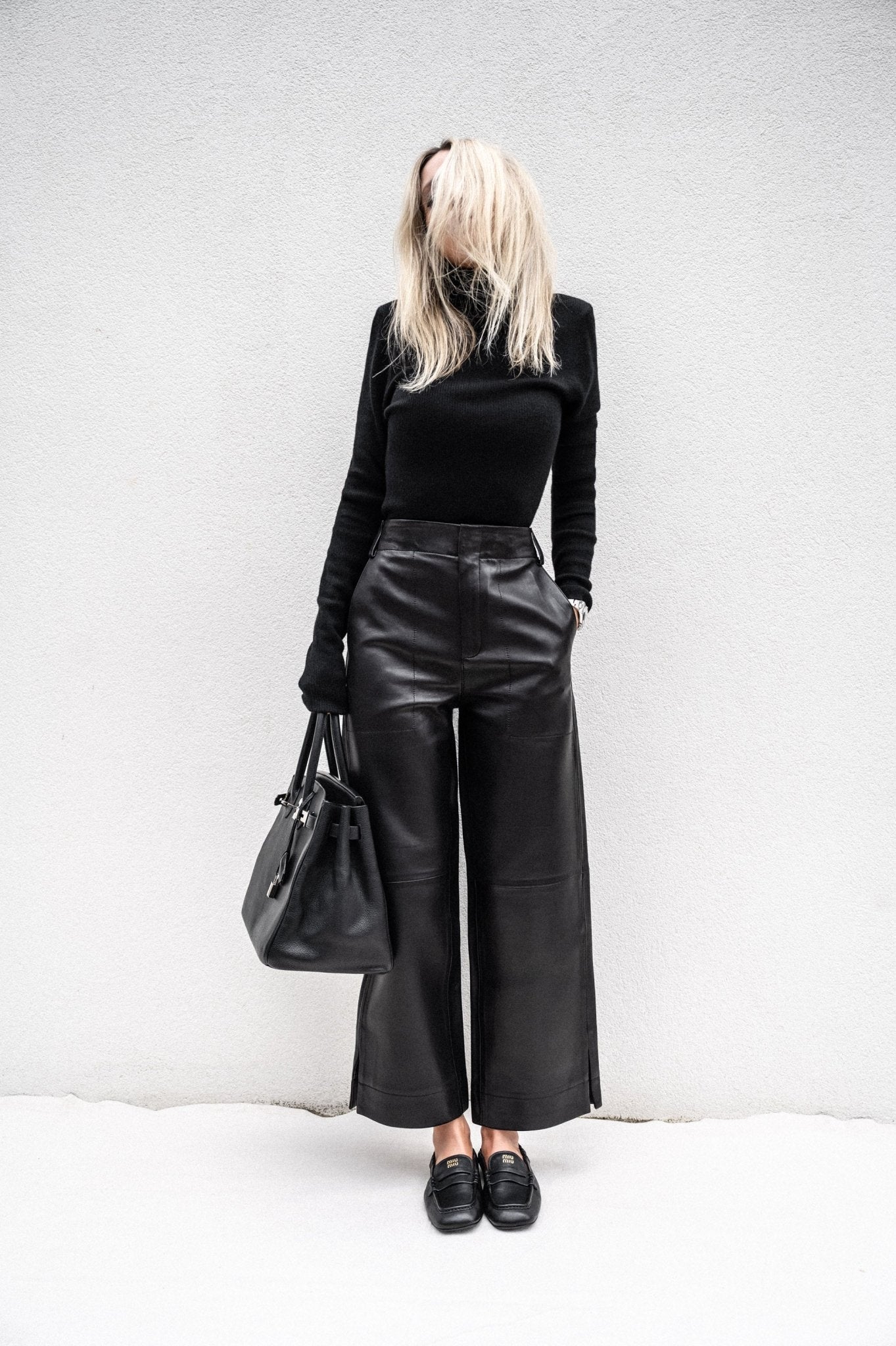 BLACK WIDE LEG LEATHER PANT - OLIVIA SHEED