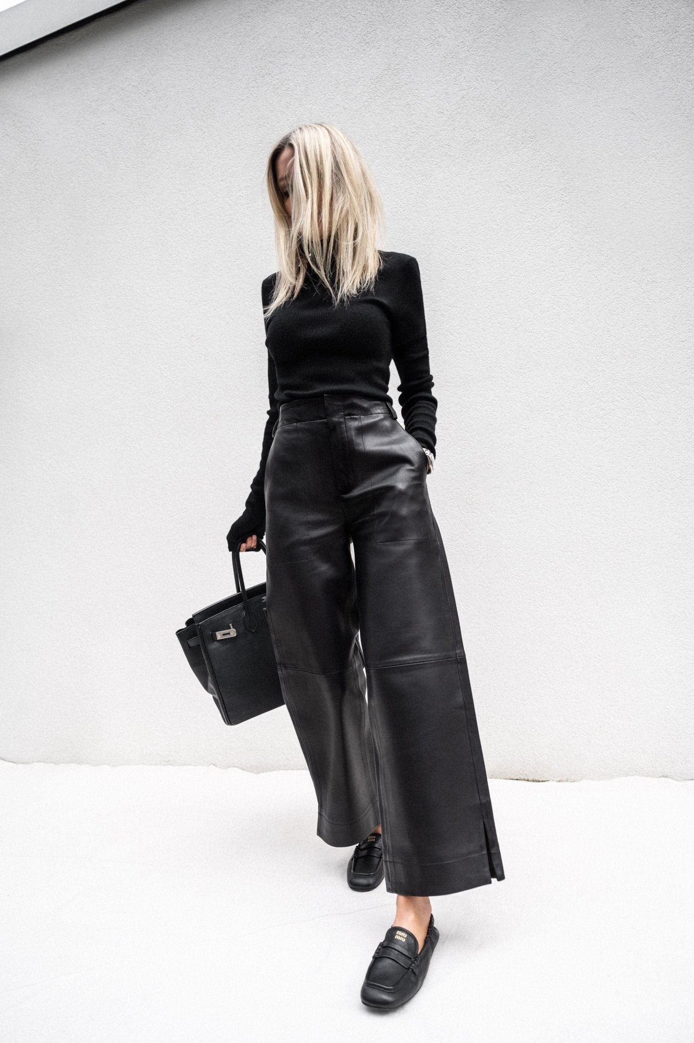 BLACK WIDE LEG LEATHER PANT - OLIVIA SHEED