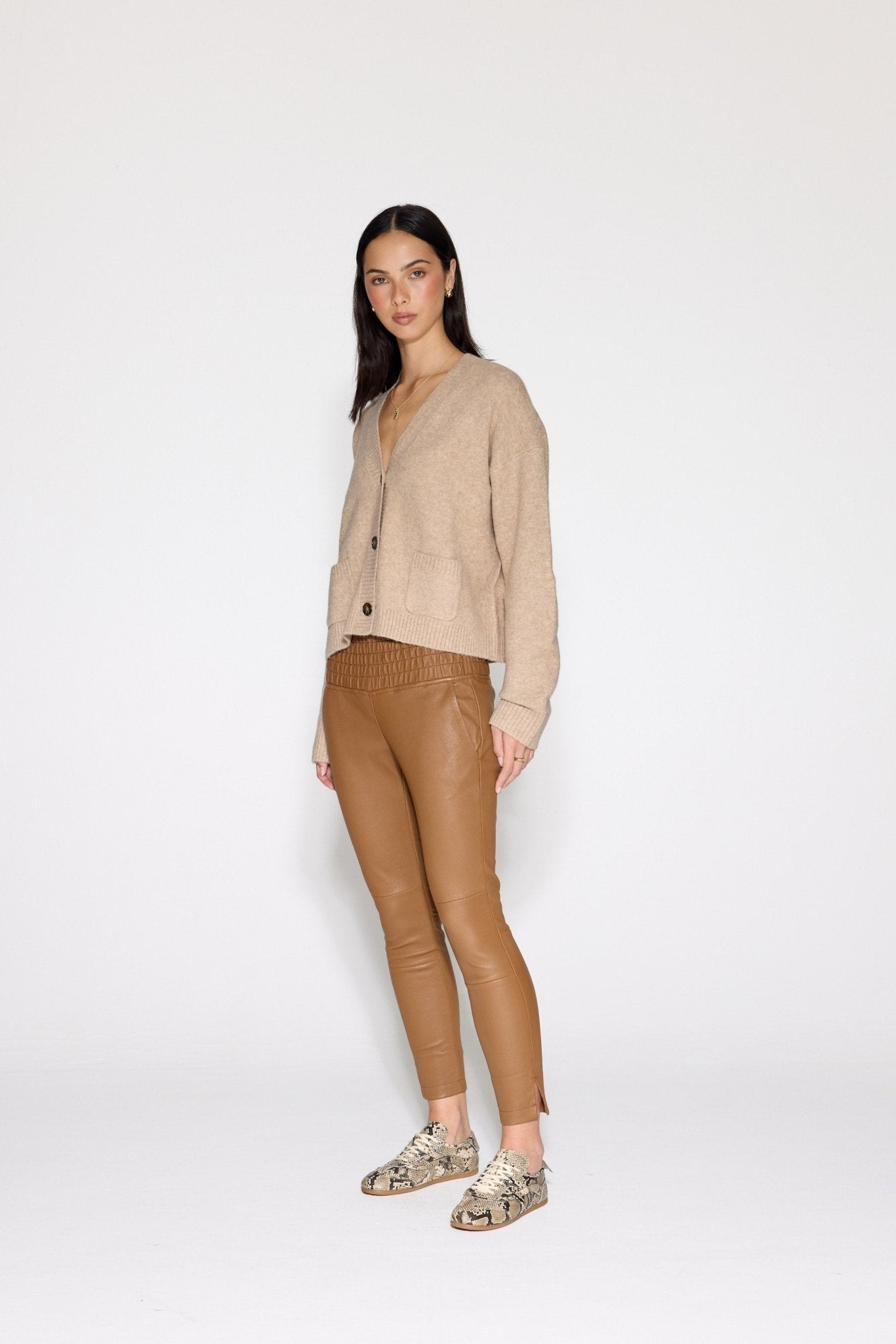 CAMEL STRETCH LEATHER JOGGER - OLIVIA SHEED