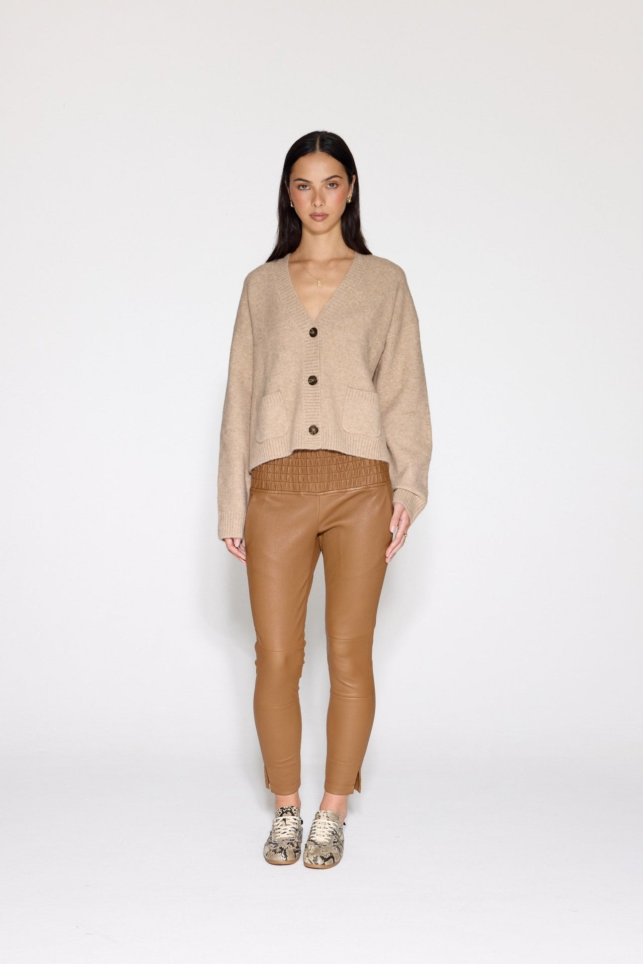 CAMEL STRETCH LEATHER JOGGER - OLIVIA SHEED