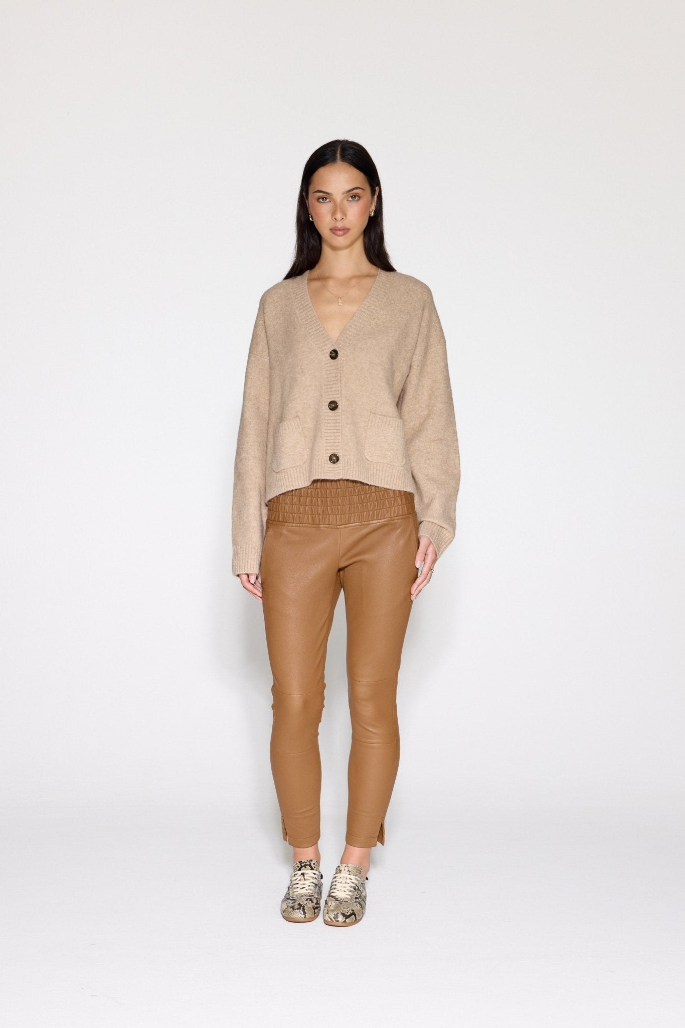 CAMEL STRETCH LEATHER JOGGER - OLIVIA SHEED